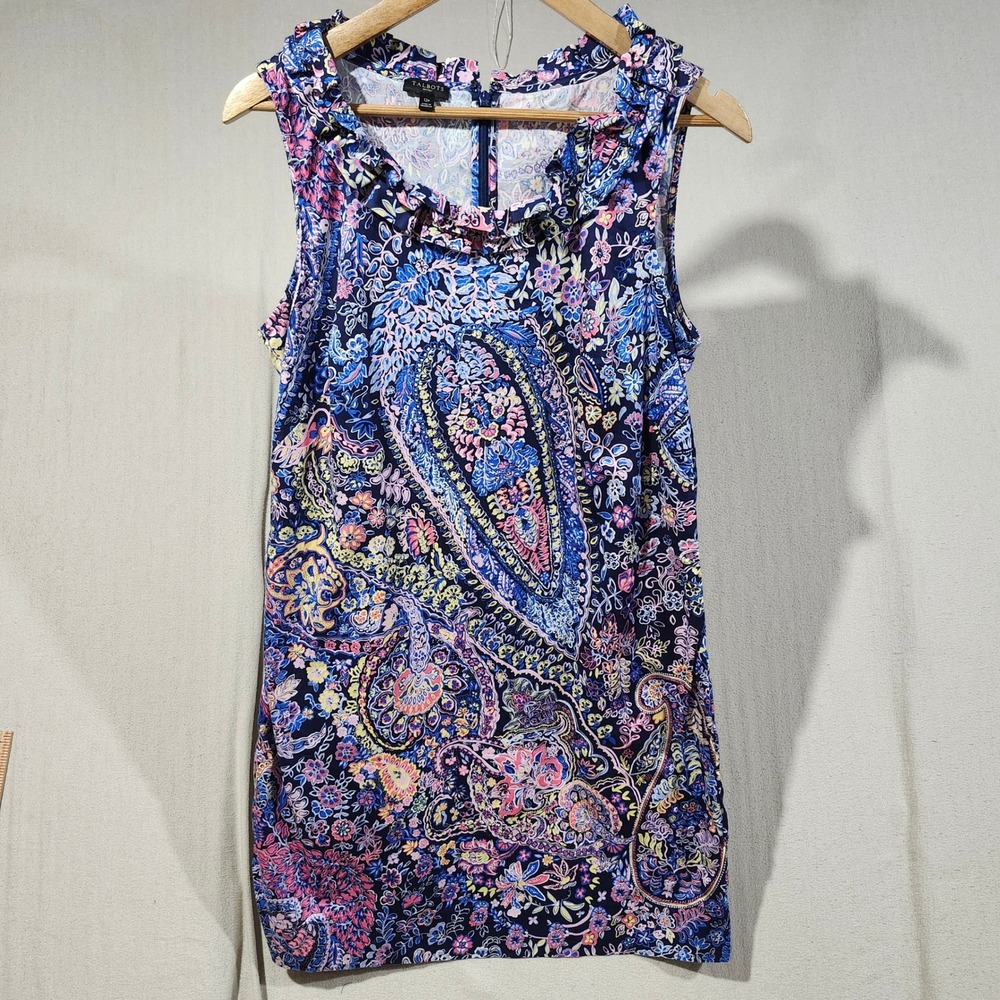 Talbots Petites Womens 12P Paisley Floral Ruffle Neck Sleeveless Shift Dress